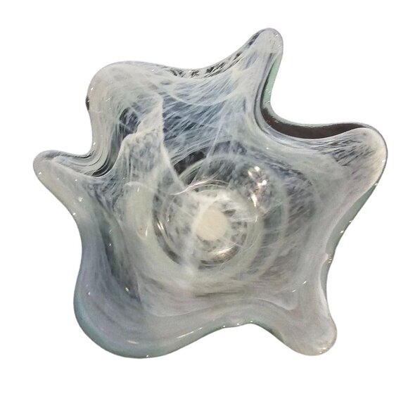 Hand Blown Recycled Glass Bowl Swirled Design Made in Spain Light Blue White - Picture 5 of 8